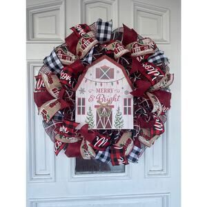 Merry & Bright Barn Christmas Wreath • Red Truck Farmhouse Holiday Door Decor